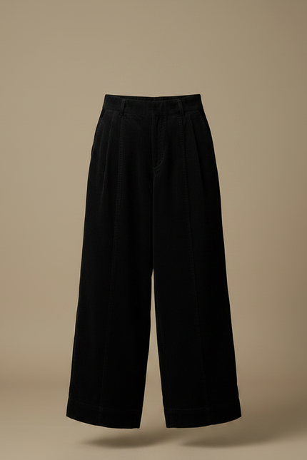 Pantalon Japonais Velours Côtelé Ample Noir Ceinture Jaune - Cordé - vue 3
