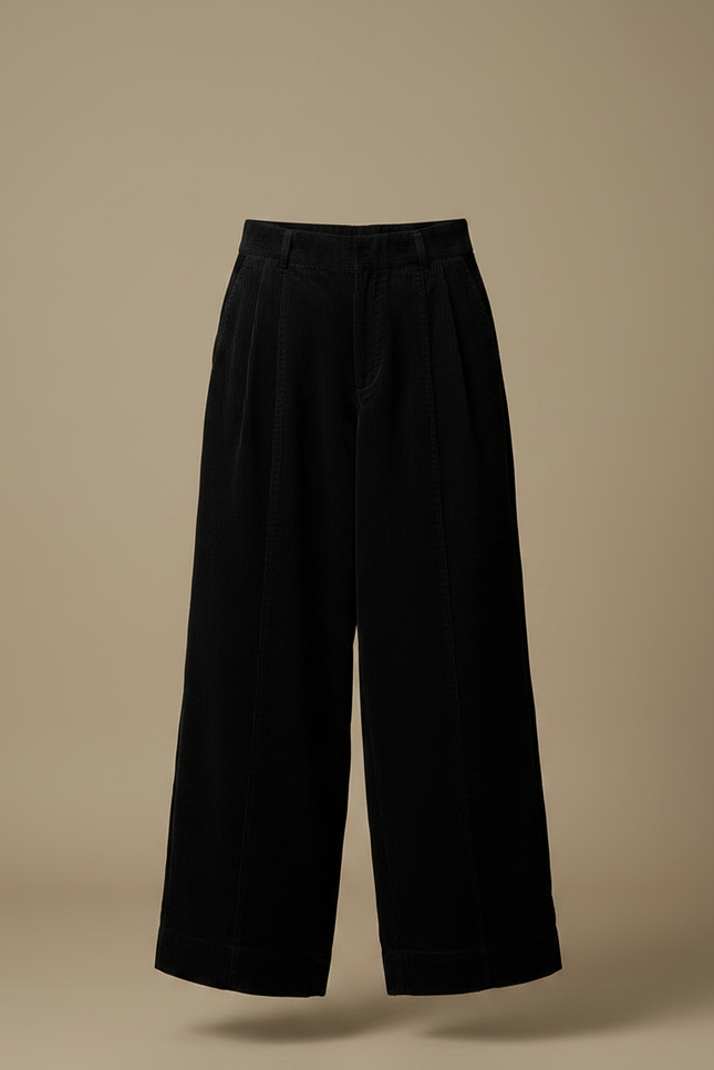 Pantalon Japonais Velours Côtelé Ample Noir Ceinture Jaune - Cordé - vue 3