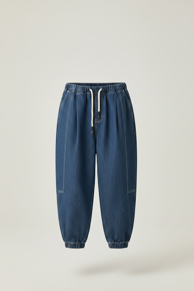 Pantalon Japonais Denim Bleu Ample Élastiqué Enfant - Jean - vue 3