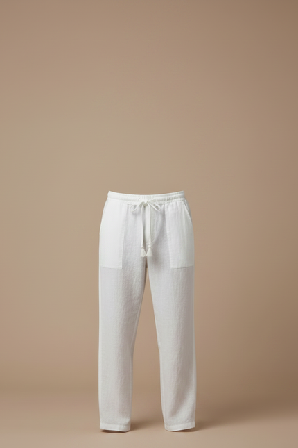 Pantalon Japonais Blanc Lin Ample Cordon Décontracté - vue 3