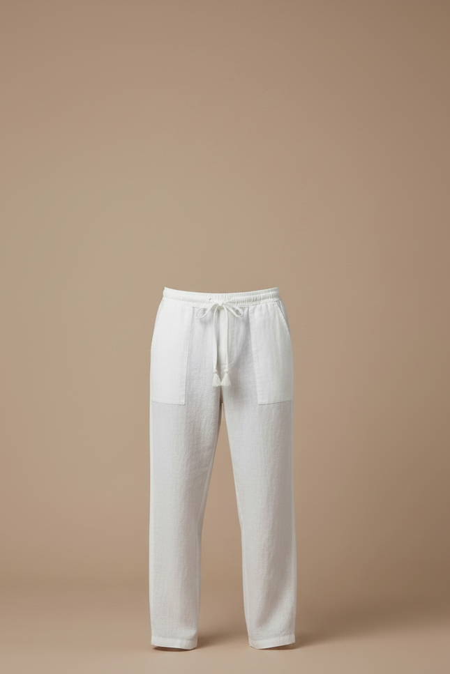 Pantalon Japonais Blanc Lin Ample Cordon Décontracté - vue 3