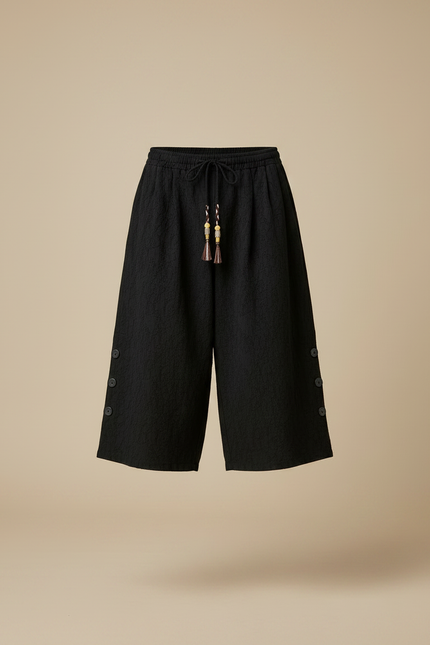 Pantalon Japonais Noir Lin Ample Boutons Décontracté - vue 3
