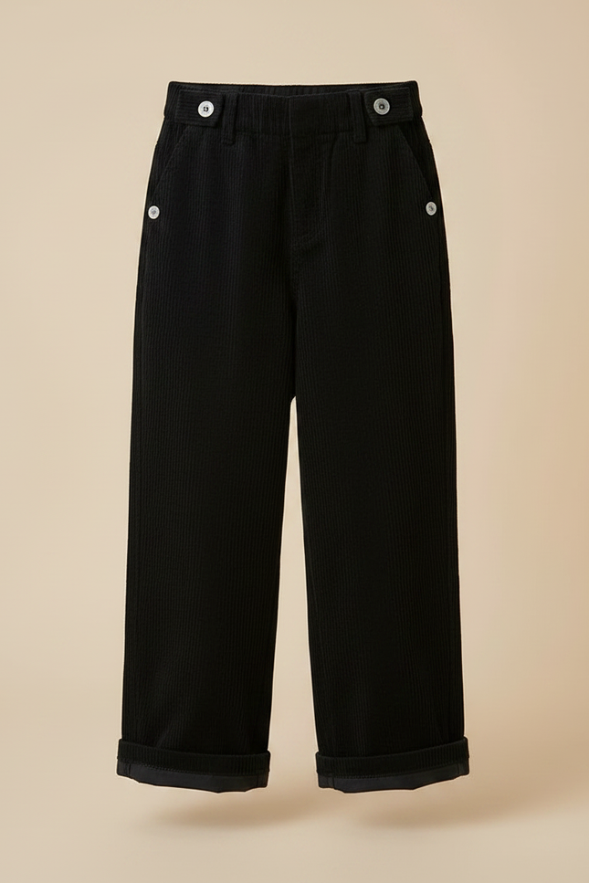 Pantalon Japonais Noir Côtelé Ample Décontracté Boutons - Cordé - vue 3