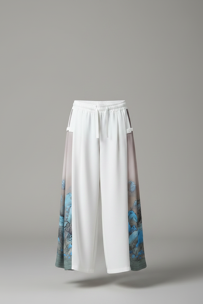 Pantalon Japonais Blanc Ample Imprimé Montagnes Fluide - Viscose - vue 3