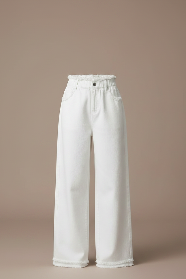 Pantalon Japonais Blanc Large Effiloché Fille Décontracté - Jean - vue 3