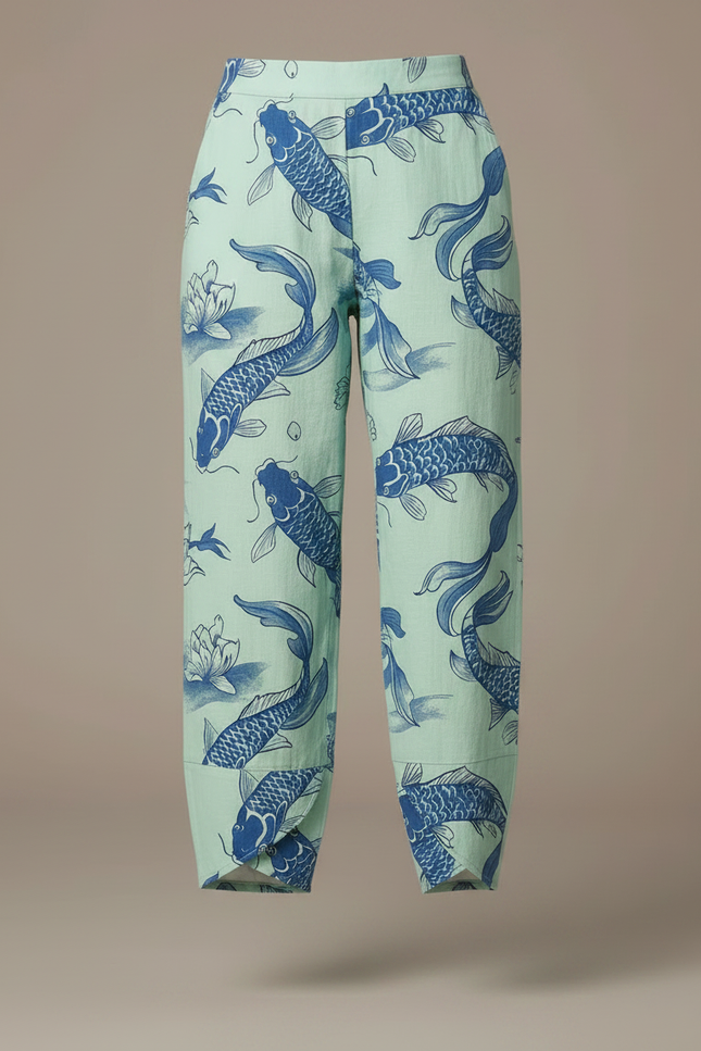 Pantalon Japonais Vert Menthe Carpe Koi Ample Fluide - Lin - vue 3