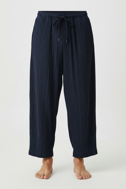 Pantalon Japonais Plissé Bleu Marine Décontracté Fluide - Polyester - vue 3