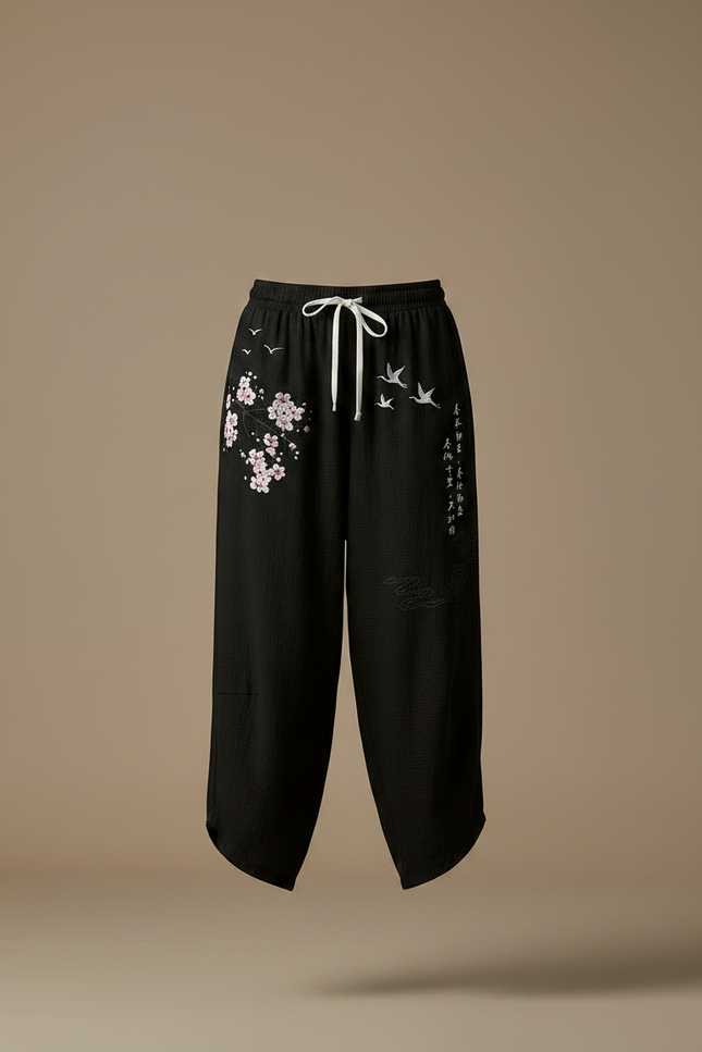 Pantalon Japonais Noir Ample Brodé Fleurs Grues - Lin - vue 3