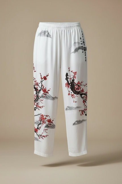 Pantalon Japonais Blanc Fluide Imprimé Cerisier Rouge - Viscose - vue 3