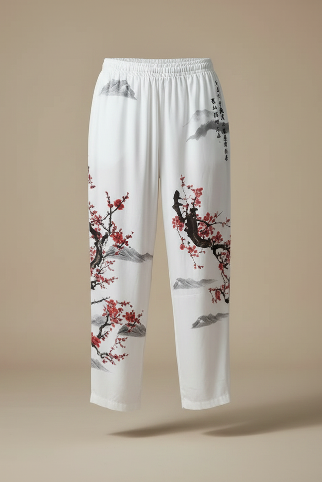 Pantalon Japonais Blanc Fluide Imprimé Cerisier Rouge - Viscose - vue 3