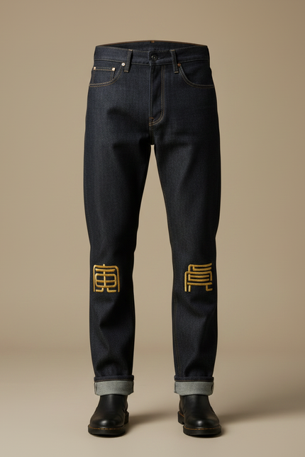 Pantalon Japonais Denim Brodé Droit Coton Homme - Marine Jean - vue 3