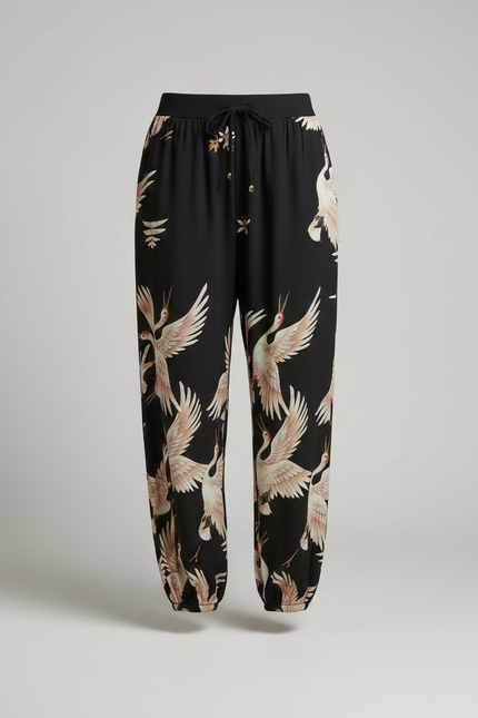 Pantalon Japonais Noir Fluide Ample Grue Imprimé - Viscose - vue 3