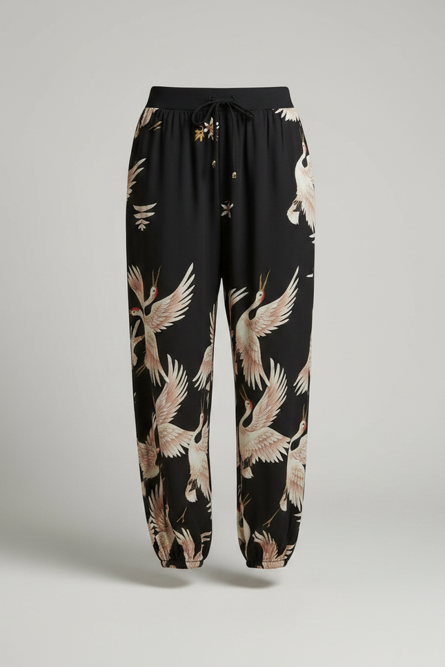 Pantalon Japonais Noir Fluide Ample Grue Imprimé - Viscose - vue 3