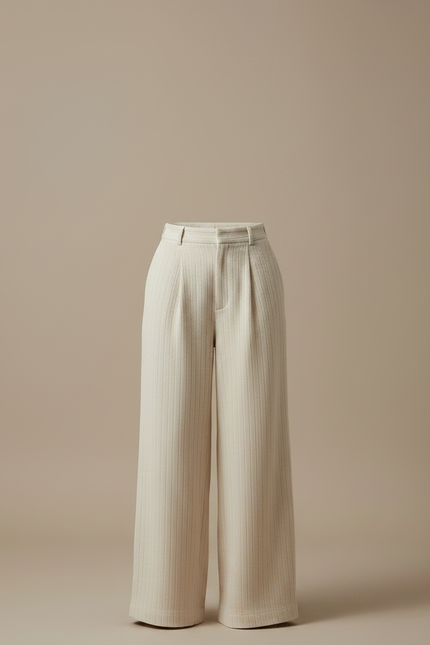 Pantalon Japonais Crème Ample Droit Élégant Plissé - Beige Tweed - vue 3