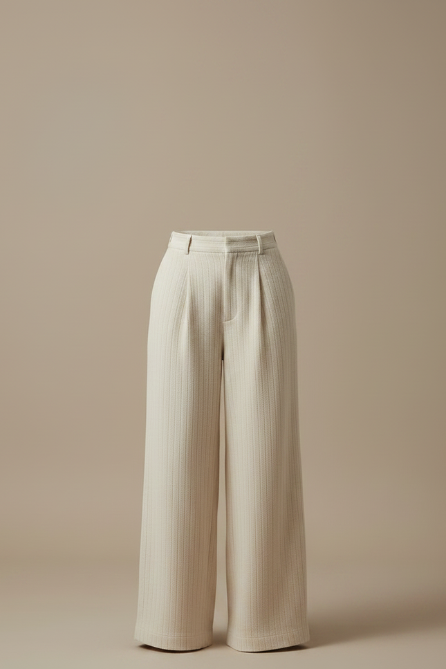 Pantalon Japonais Crème Ample Droit Élégant Plissé - Beige Tweed - vue 3