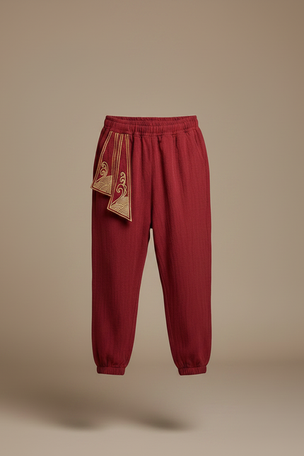 Pantalon Japonais Rouge Brodé Ample Coton Enfant - Bordeaux - vue 3