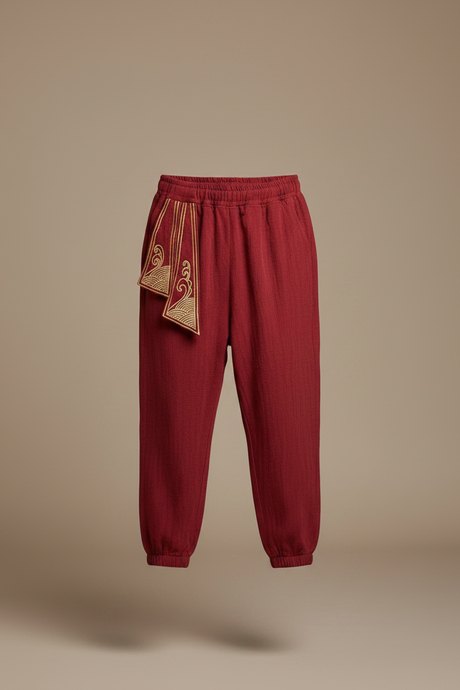 Pantalon Japonais Rouge Brodé Ample Coton Enfant - Bordeaux - vue 3