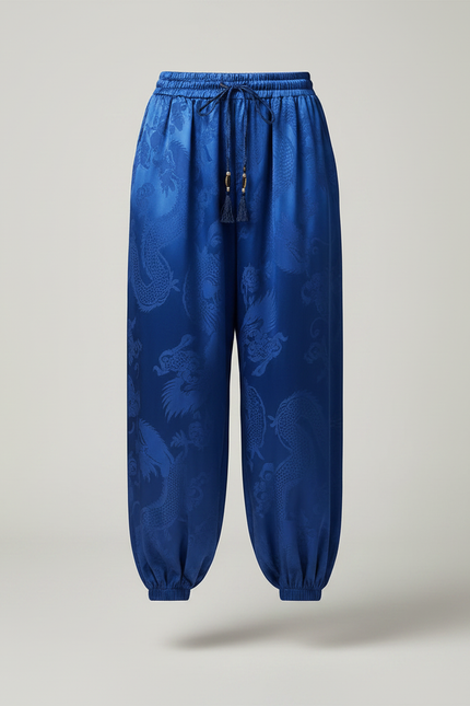 Pantalon Japonais Bleu Soie Dragon Harem Fluide - vue 3