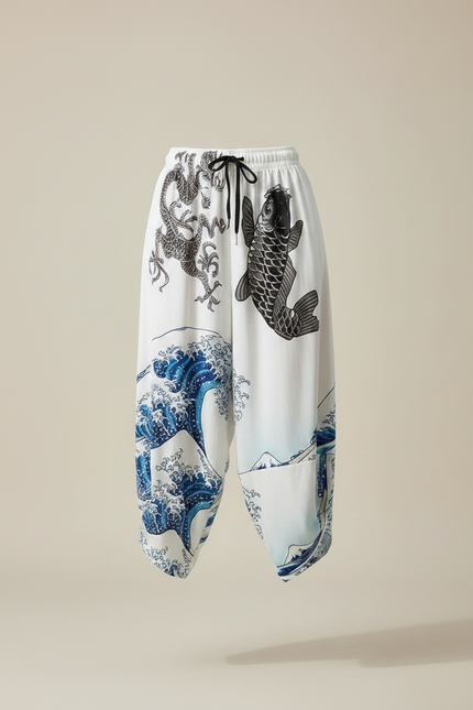 Pantalon Japonais Blanc Fluide Vagues Carpe Dragon - Viscose - vue 3
