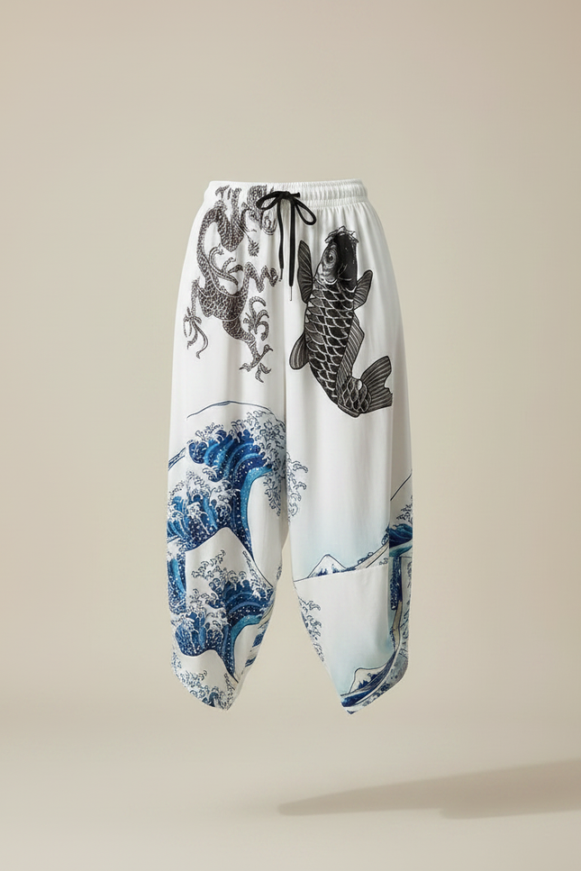 Pantalon Japonais Blanc Fluide Vagues Carpe Dragon - Viscose - vue 3