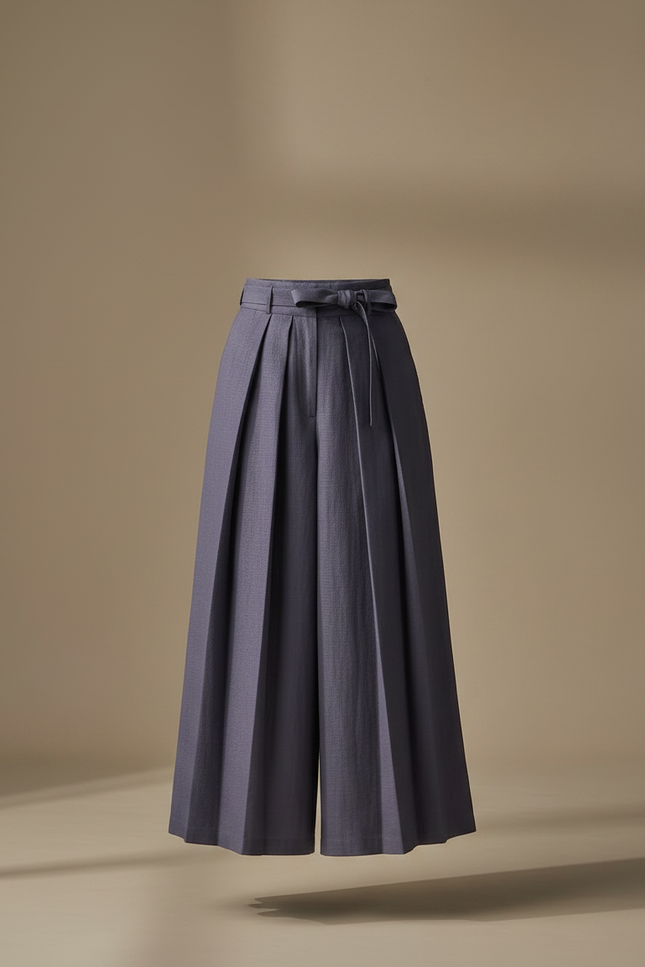 Pantalon Japonais Plissé Ceinturé Ample Fluide Élégant - Bleu Lin - vue 3