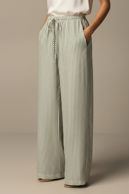 Pantalon Japonais Rayé Ample Vert Cordon Fluide - Lin - vue 3