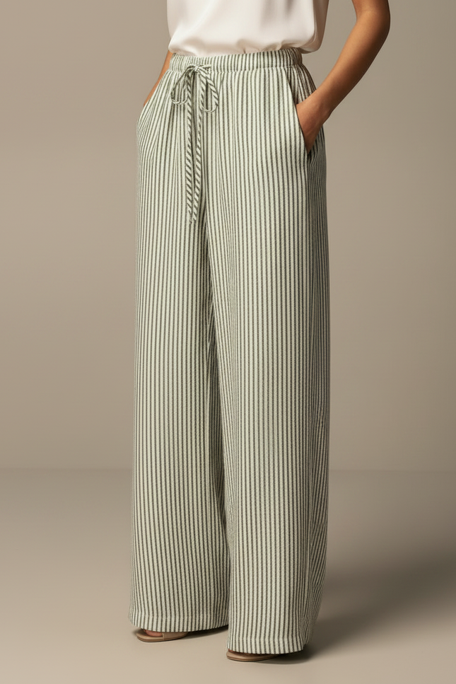 Pantalon Japonais Rayé Ample Vert Cordon Fluide - Lin - vue 3