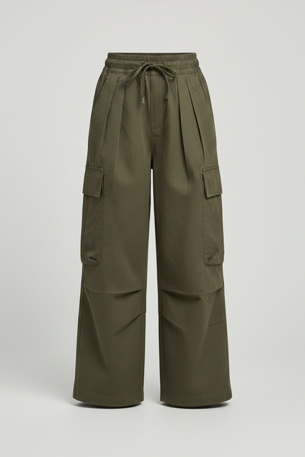 Pantalon Japonais Cargo Vert Ample Plissé Confortable Fille - Kaki Gabardine - vue 3
