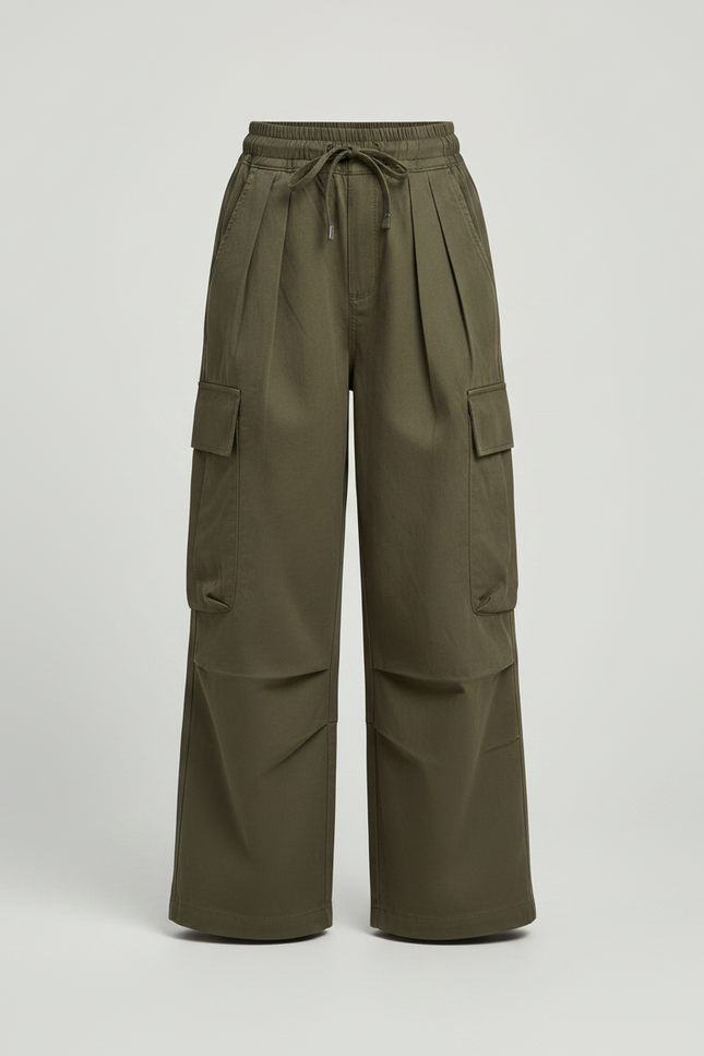 Pantalon Japonais Cargo Vert Ample Plissé Confortable Fille - Kaki Gabardine - vue 3