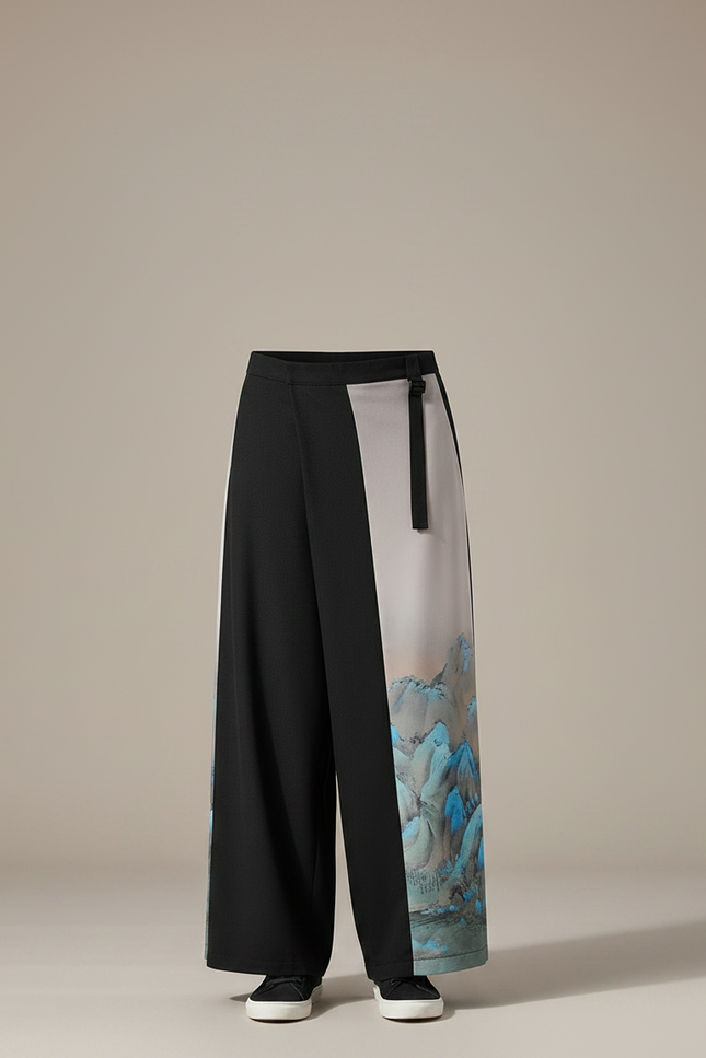 Pantalon Japonais Ample Noir Imprimé Asymétrique Fluide - Viscose - vue 3