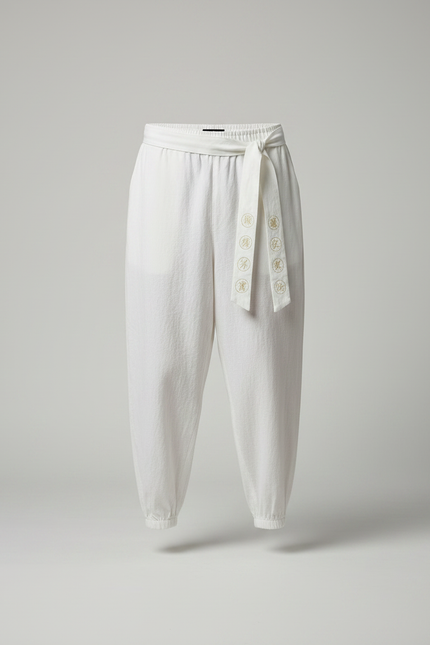 Pantalon Japonais Blanc Coton Ample Brodé Ceinturé - vue 3