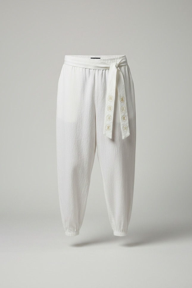 Pantalon Japonais Blanc Coton Ample Brodé Ceinturé - vue 3