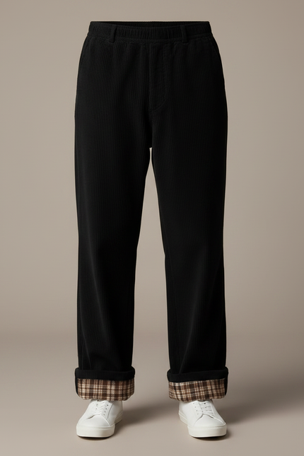 Pantalon Japonais Noir Côtelé Ample Décontracté Plaid - Cordé - vue 3