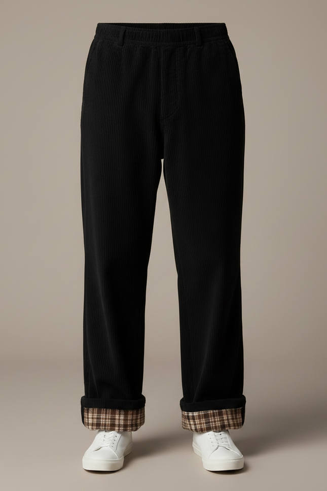 Pantalon Japonais Noir Côtelé Ample Décontracté Plaid - Cordé - vue 3