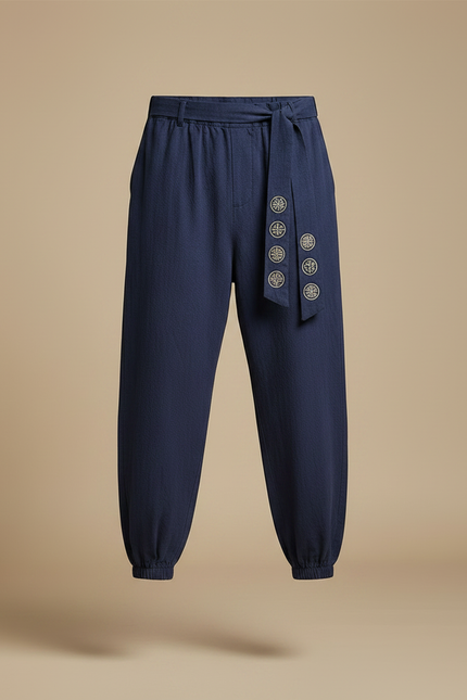 Pantalon Japonais Bleu Marine Coton Ample Brodé Ceinturé - Lin - vue 3