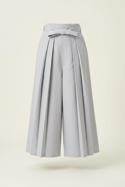 Pantalon Japonais Gris Plissé Ample Ceinturé Élégant - Polyester - vue 3