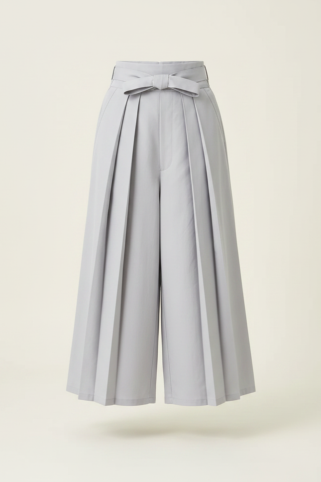 Pantalon Japonais Gris Plissé Ample Ceinturé Élégant - Polyester - vue 3