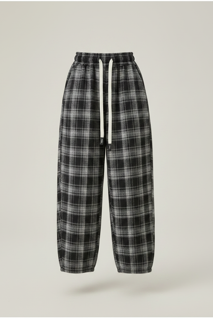Pantalon Japonais Carreaux Ample Décontracté Cordon Noir - Laine - vue 3