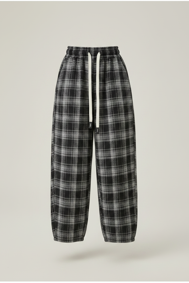 Pantalon Japonais Carreaux Ample Décontracté Cordon Noir - Laine - vue 3