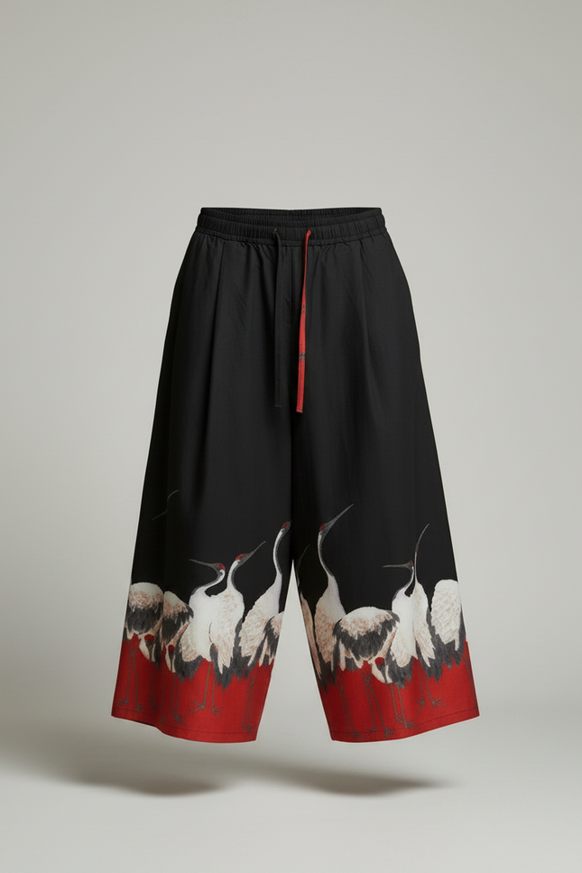 Pantalon Japonais Noir Ample Grue Rouge Fluide - Viscose - vue 3
