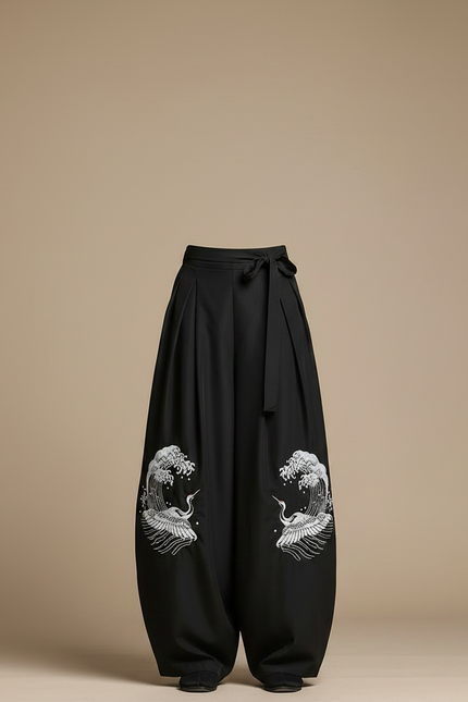 Pantalon Japonais Noir Ample Brodé Grue Fluide - Viscose - vue 3