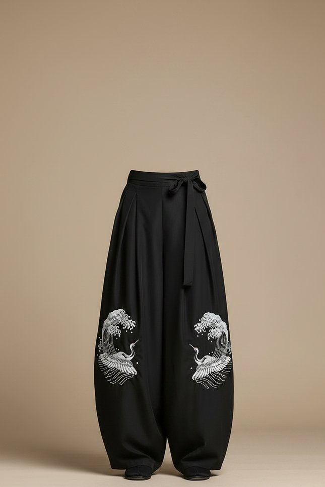 Pantalon Japonais Noir Ample Brodé Grue Fluide - Viscose - vue 3