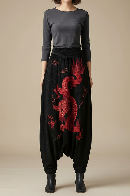 Pantalon Japonais Noir Dragon Brodé Harem Satin - Velours - vue 3