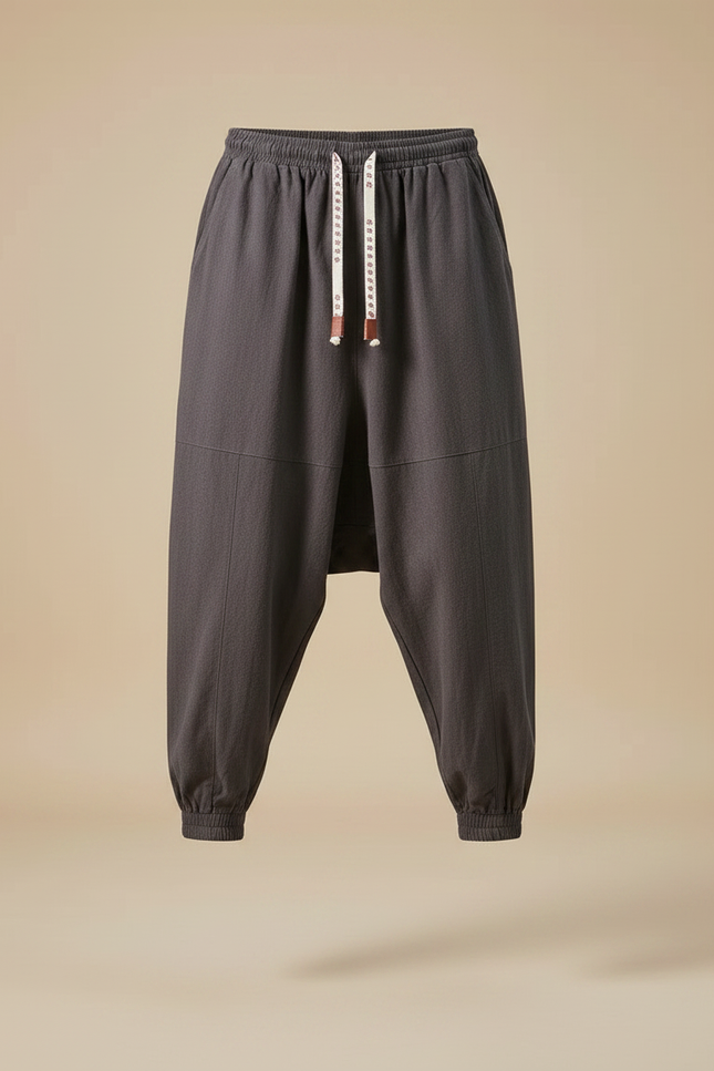 Pantalon Japonais Sarouel Ample Coton Lin Gris - vue 3
