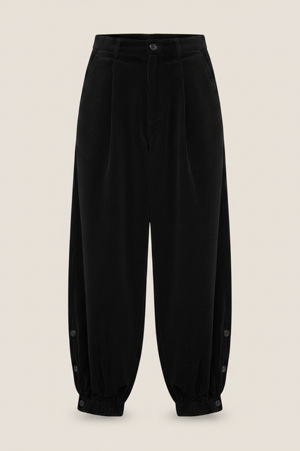 Pantalon Japonais Noir Côtelé Ample Boutons Harem - Cordé - vue 3