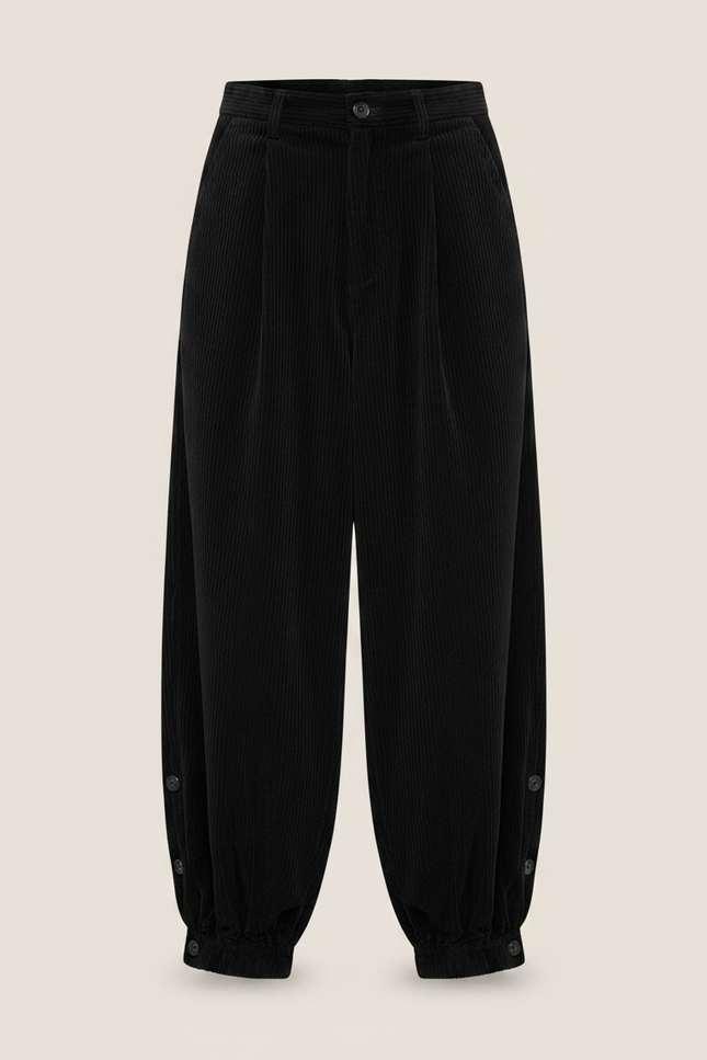 Pantalon Japonais Noir Côtelé Ample Boutons Harem - Cordé - vue 3