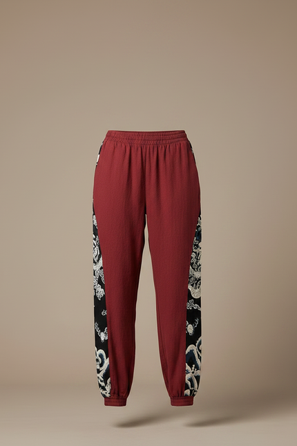 Pantalon Japonais Rouge Imprimé Dragon Ample Lin Coton - Bordeaux - vue 3