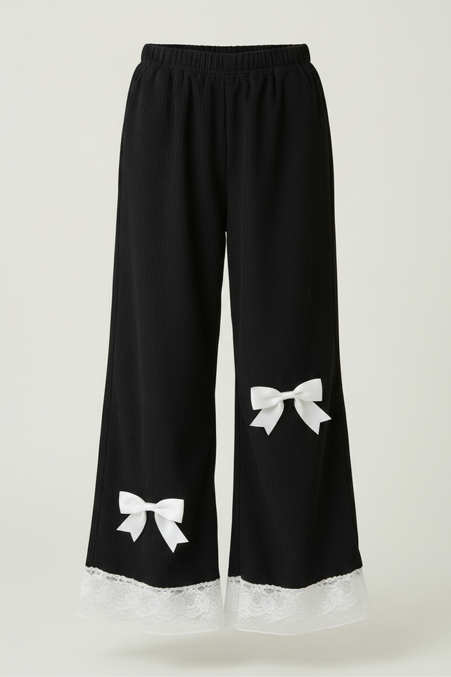 Pantalon Japonais Noir Large Dentelle Nœuds Fille - Cordé - vue 3
