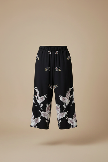 Pantalon Japonais Noir Ample Imprimé Grue Confortable - Viscose - vue 3