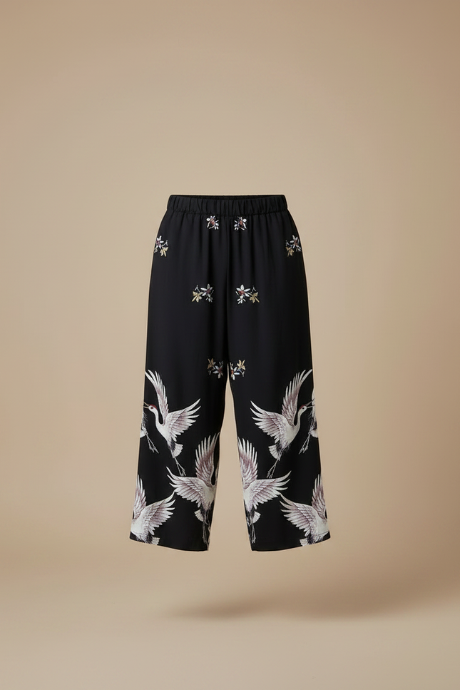 Pantalon Japonais Noir Ample Imprimé Grue Confortable - Viscose - vue 3